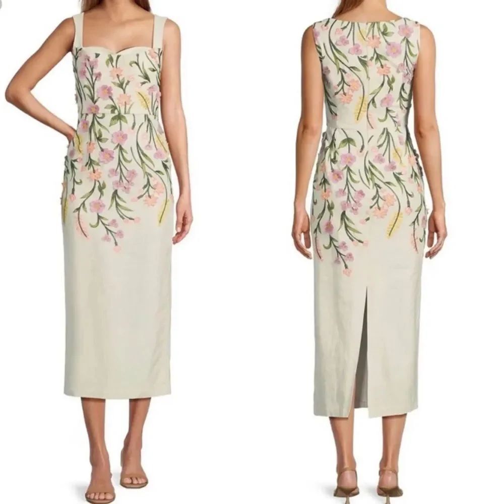 NWT ANTONIO MELANIโHalo Linen White Midi Dress Floral Embroidery Size 0/XS